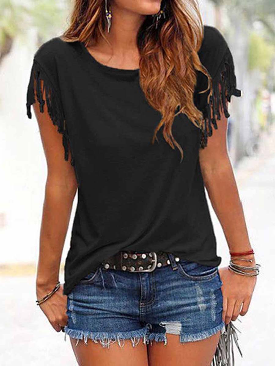 Bellevoga Short-sleeve Loose Tassel T-shirt(3 Colors)