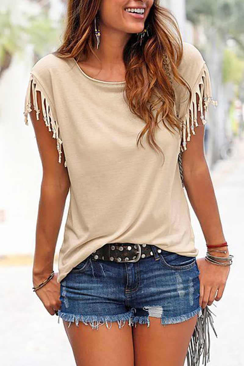 Bellevoga Short-sleeve Loose Tassel T-shirt(3 Colors)