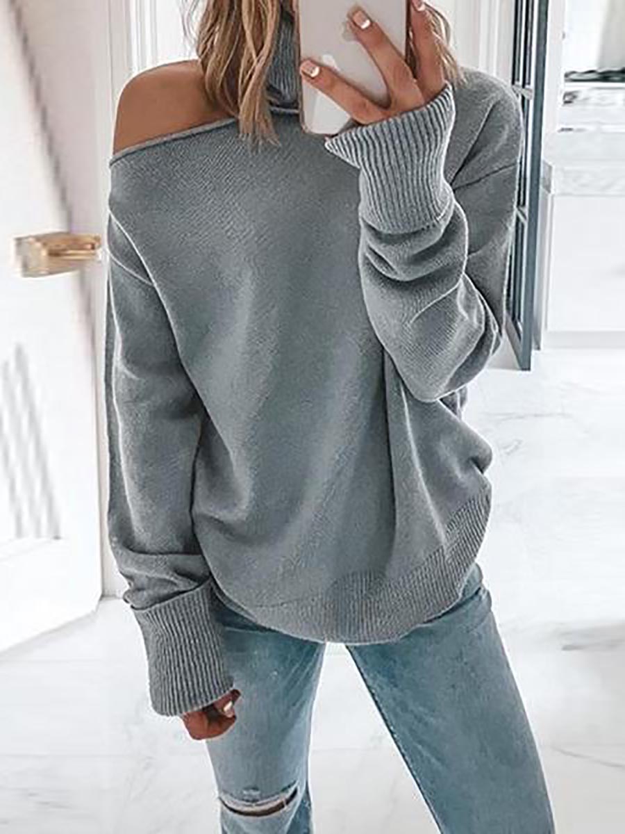 Bellevoga Turtleneck Cold Shoulder Solid Knit Pullovers