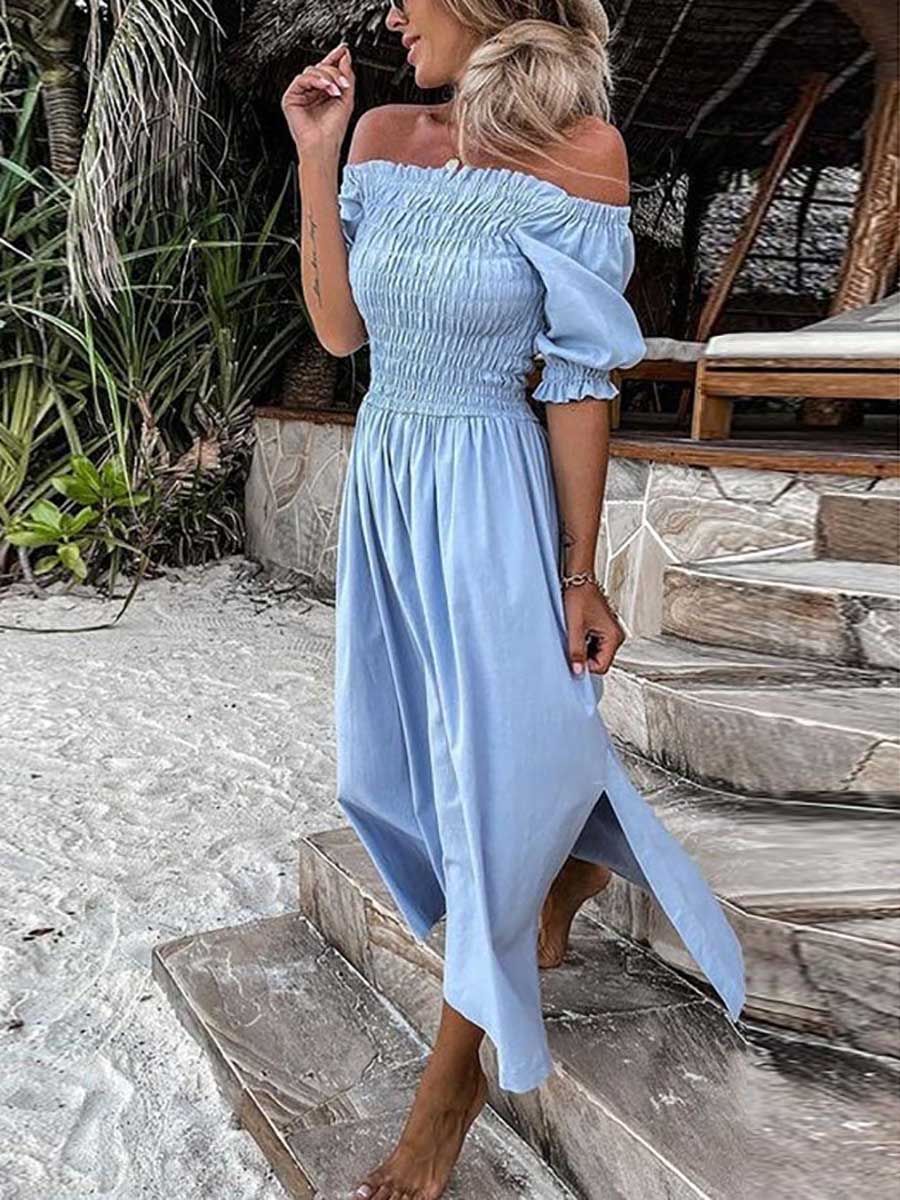 Bellevoga Forever After All Smocked Off Shoulder Slit Dress