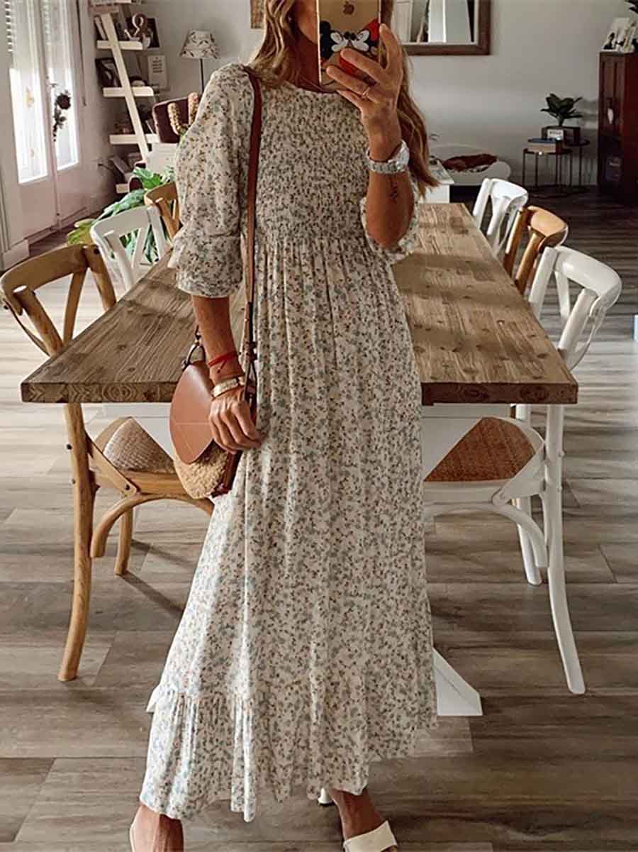 Bellevoga Smocked Print Maxi Dress