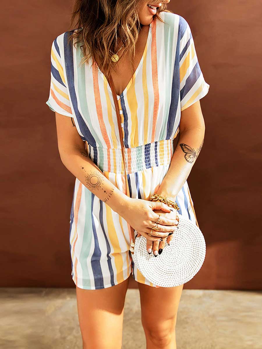 Bellevoga Elastic Waist Striped Print V-Neck Jumpsuit