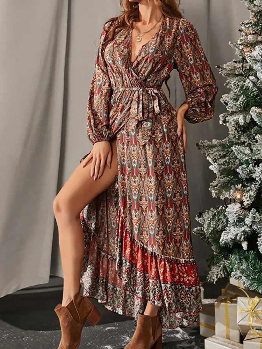 Retro Slim Waist Tie Bohemian Print Jumpsuit Group Dress