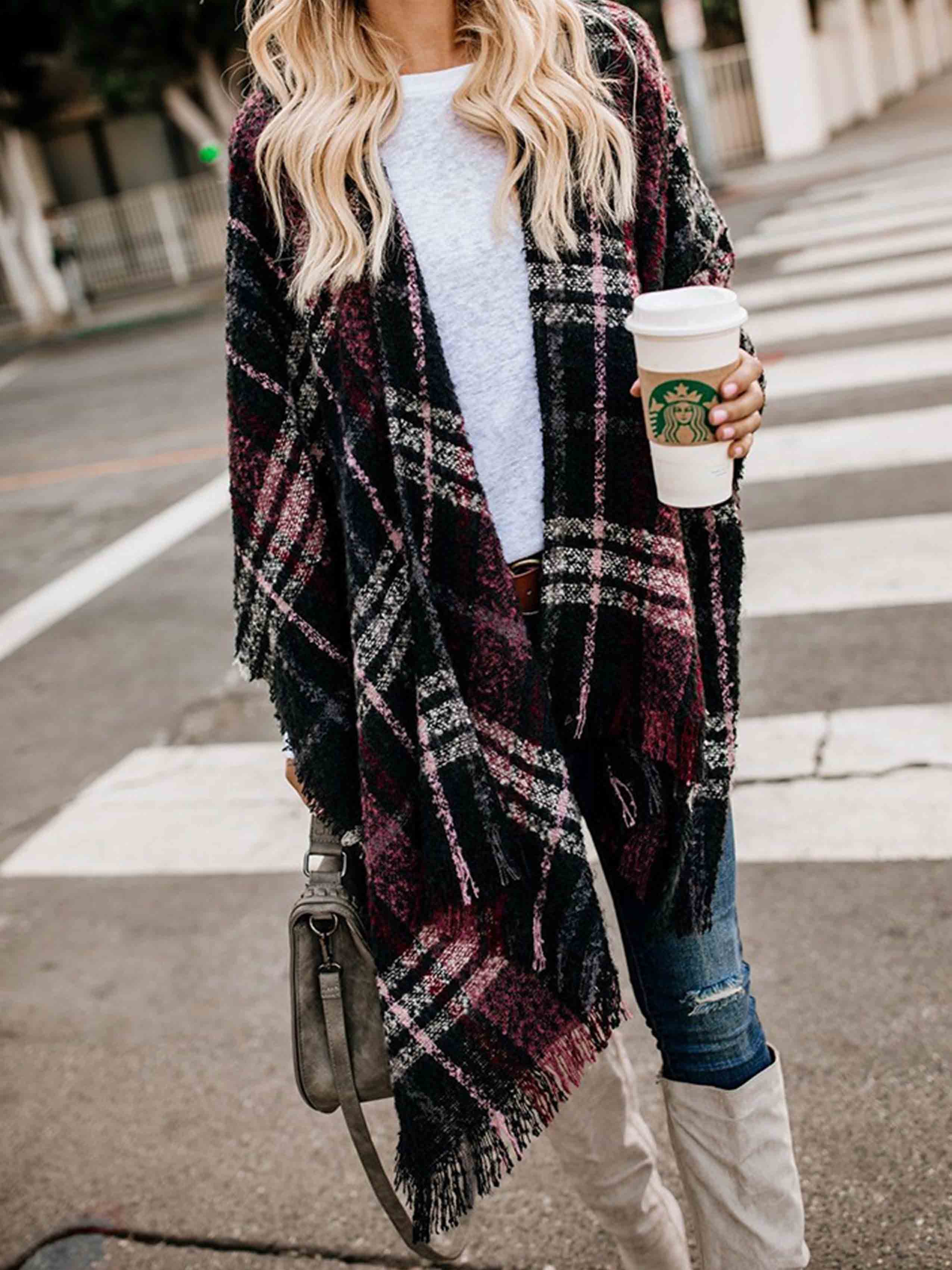 Bellevoga Plaid Fringed Knit Shawl Coat