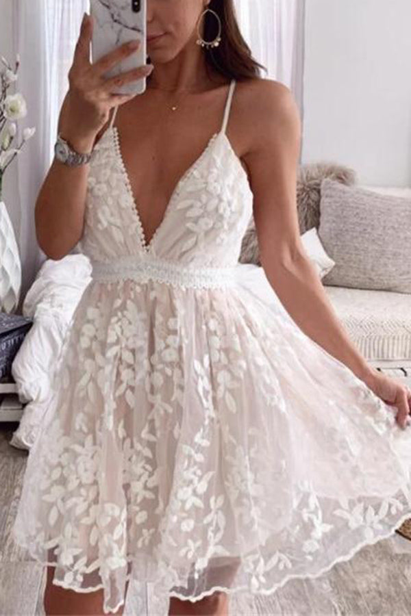 Bellevoga V-Neck Lace Embroidered White Dress