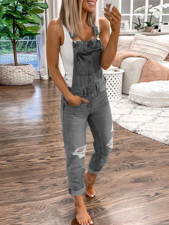 Bellevoga Plain Denim Ripped Jumpsuit