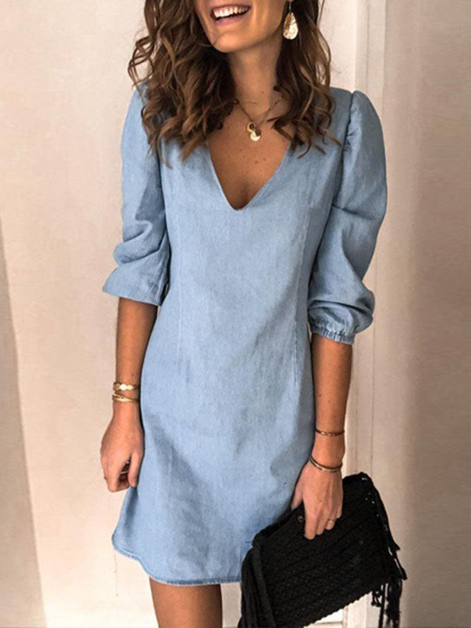 Bellevoga V-neck Half Sleeve Denim Mini Dress