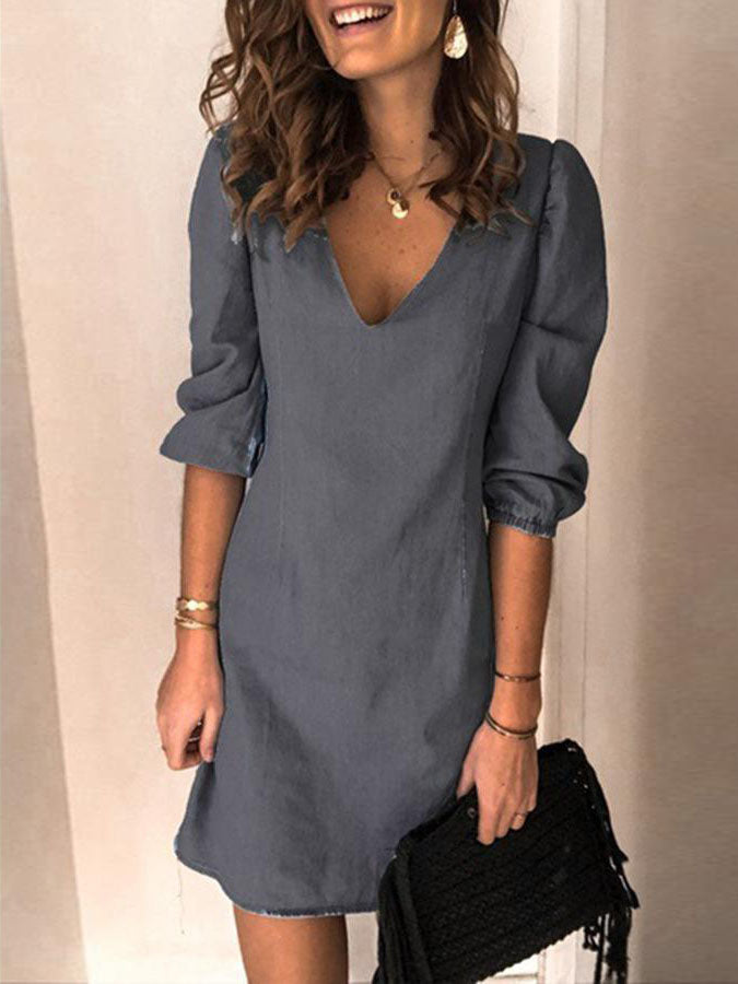 Bellevoga V-neck Half Sleeve Denim Mini Dress