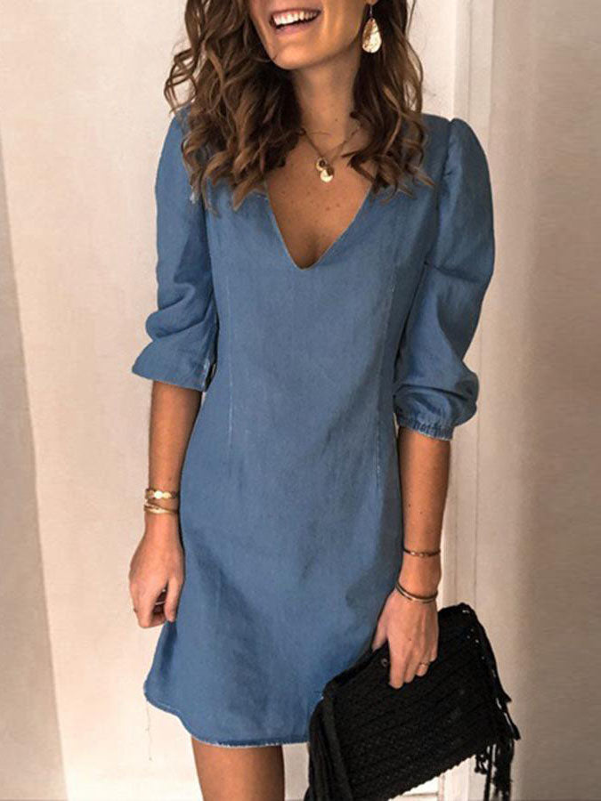 Bellevoga V-neck Half Sleeve Denim Mini Dress