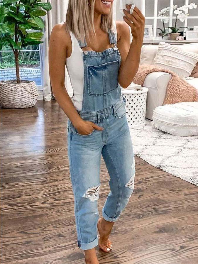 Bellevoga Plain Denim Ripped Jumpsuit