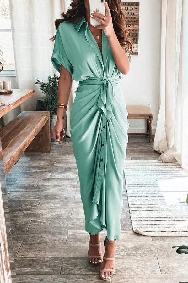 Satin Button Down Style Drape Dress