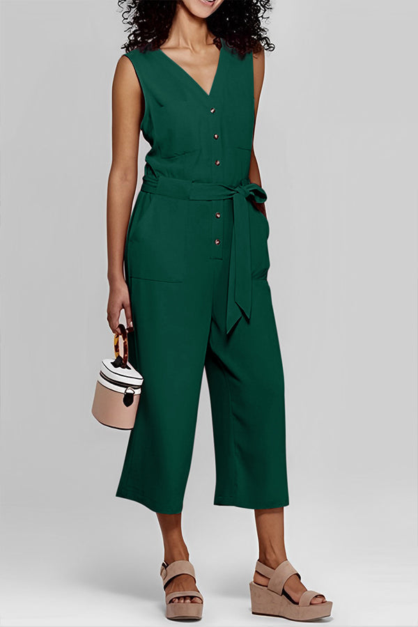 Bellevoga Buttoned Sleeveless Cropped Jumpsuit With Sash