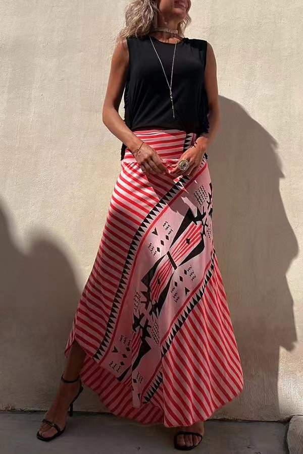 Bellevoga Eva Satin Geometric Print Elastic Waist Maxi Skirt