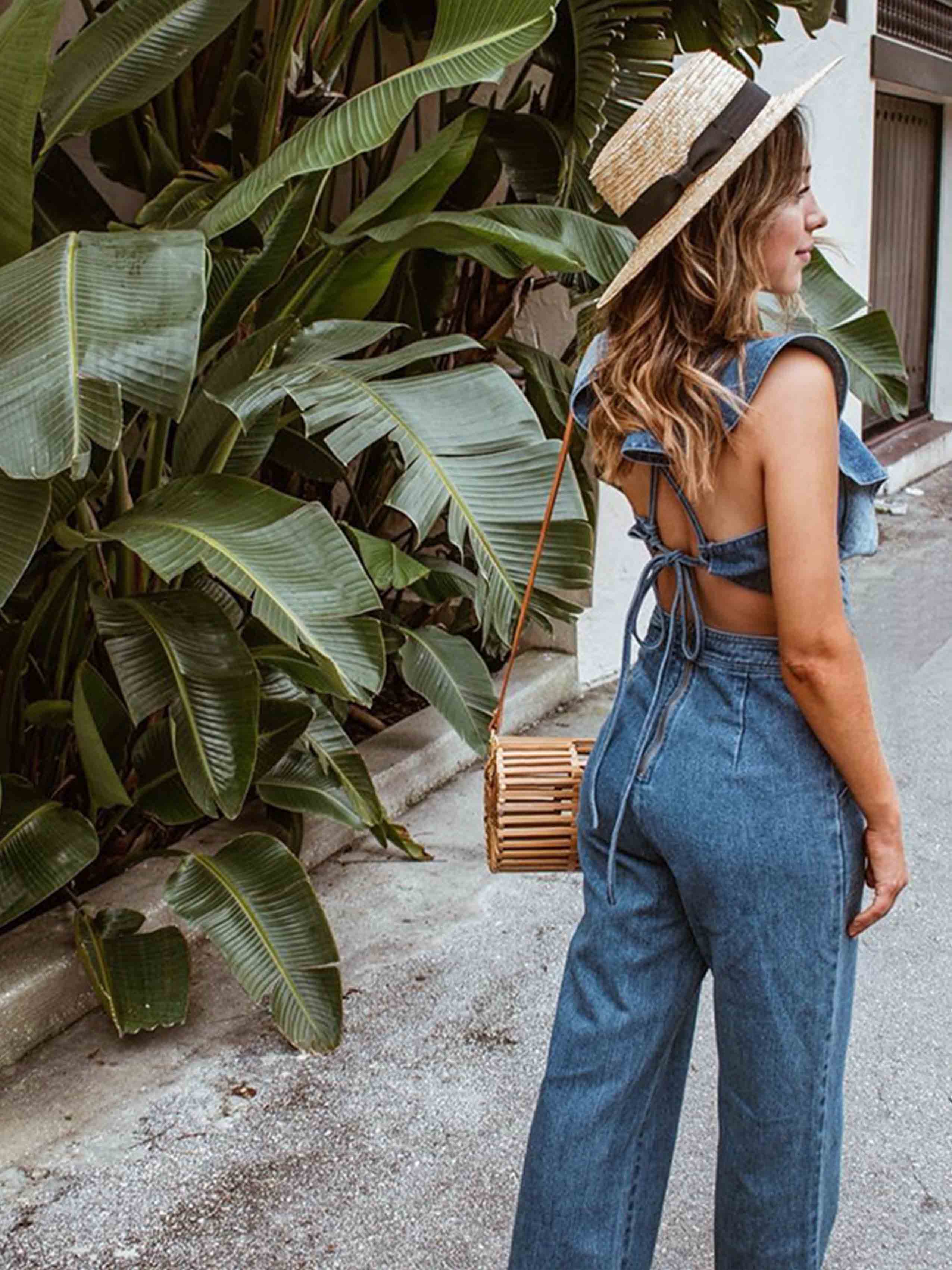 Bellevoga O Neck Flouncing Denim Jumpsuit