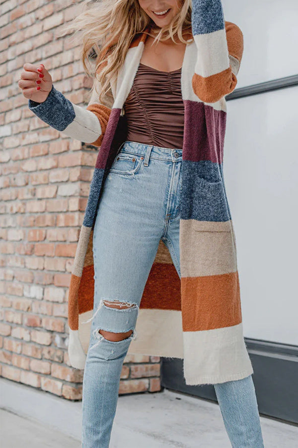 Bellevoga Multicolor Knitted Color Block Open Front Long Cardigan