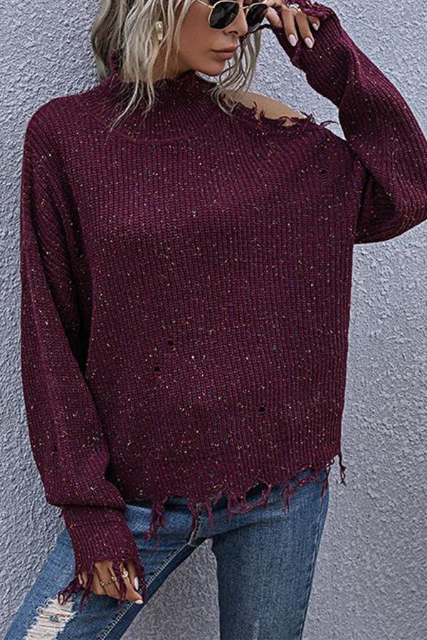 Bellevoga Loose Off-shoulder Ripped Long-sleeved High-neck Knitted Sweater