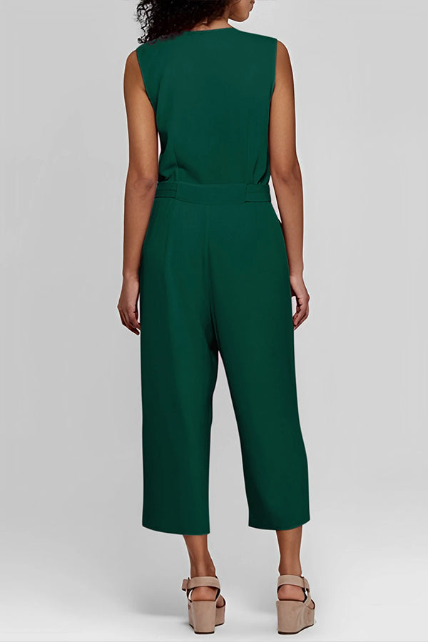 Bellevoga Buttoned Sleeveless Cropped Jumpsuit With Sash