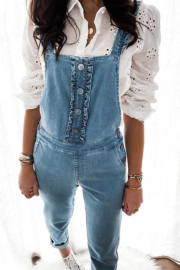 Bellevoga Sassy Sweetheart Ruffle Button Down Denim Overalls