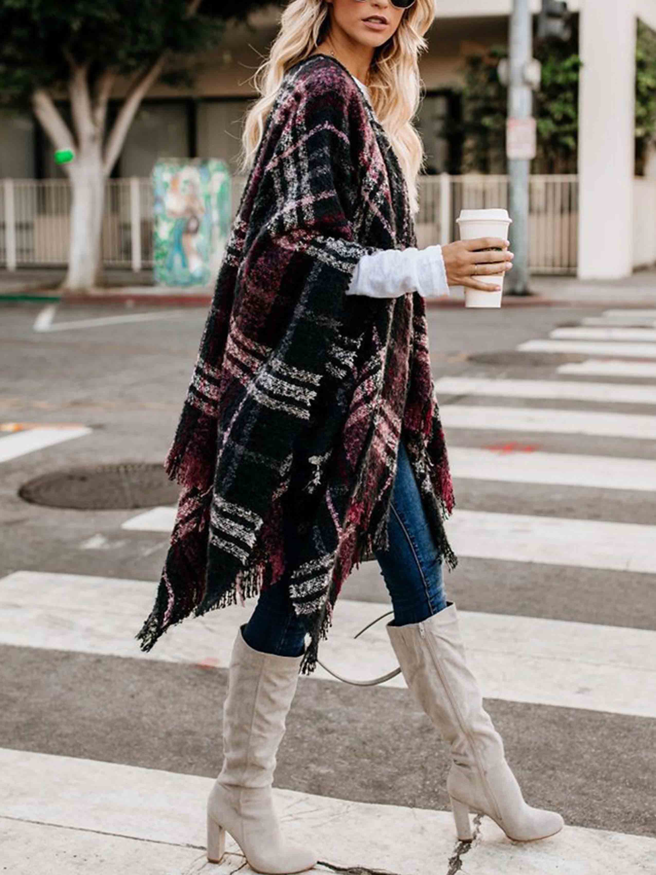 Bellevoga Plaid Fringed Knit Shawl Coat