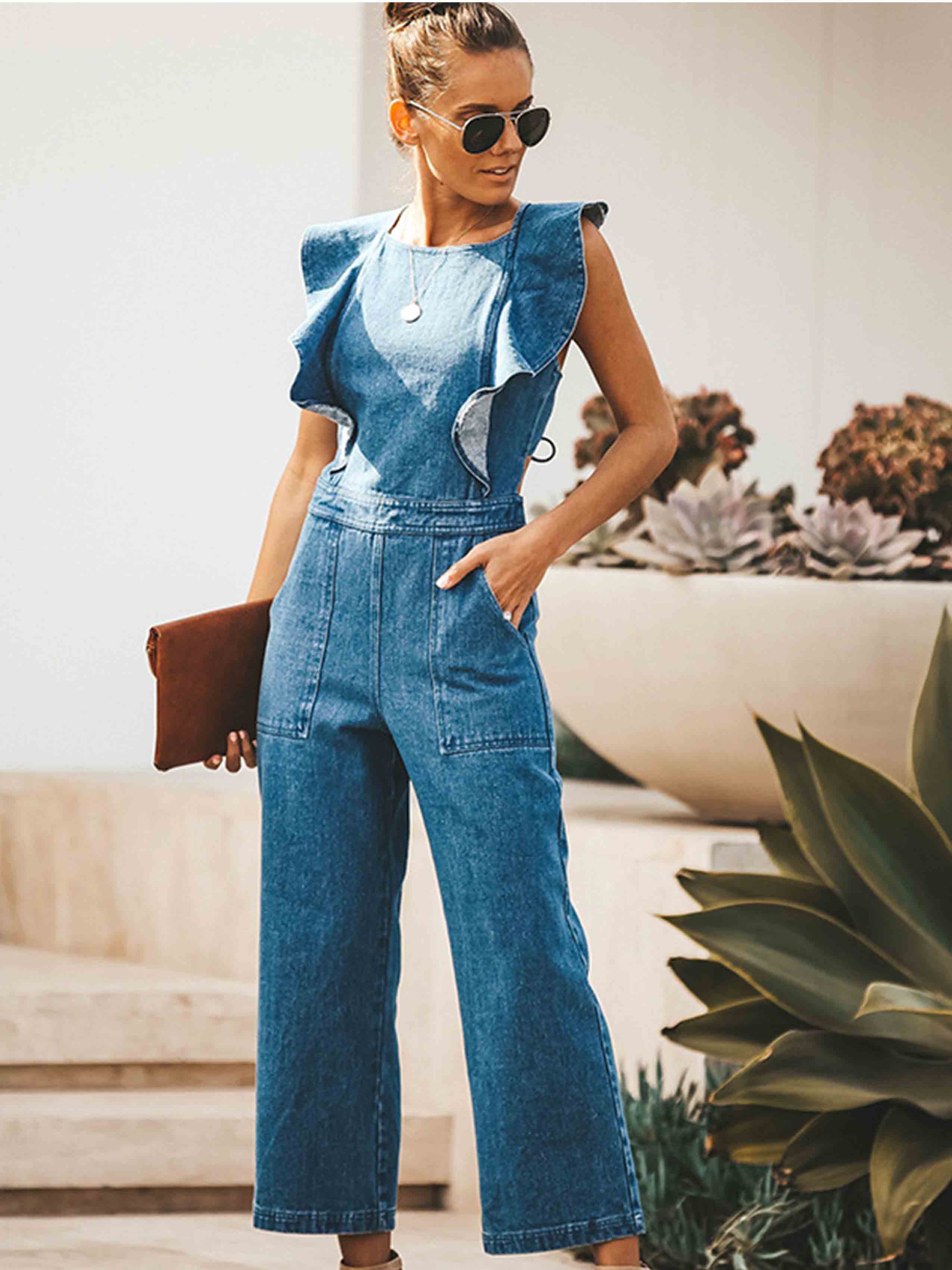 Bellevoga O Neck Flouncing Denim Jumpsuit