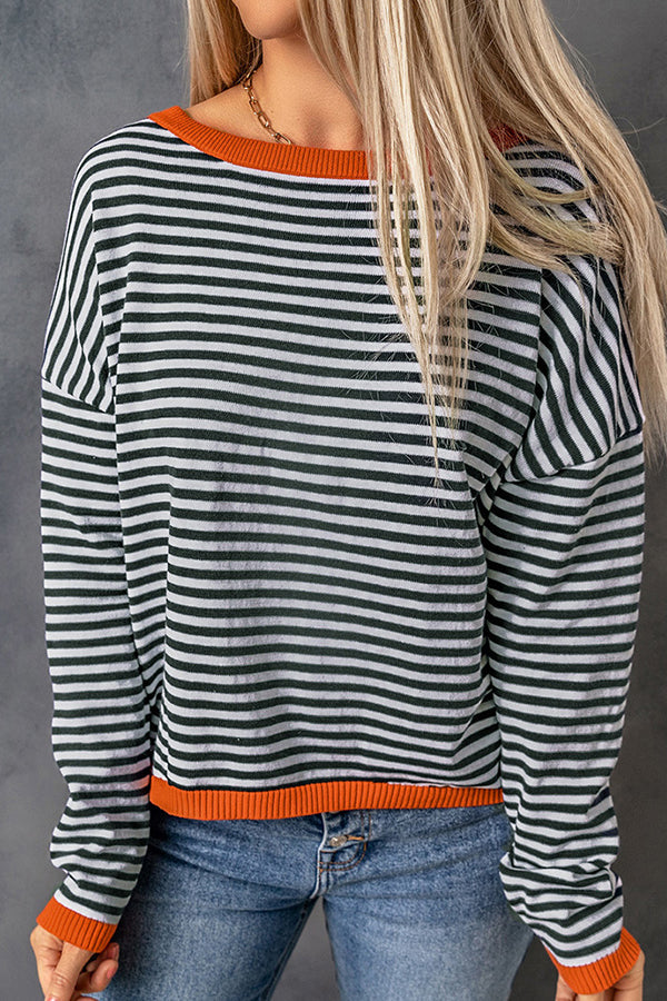 Bellevoga Striped Color Contrast Dropped Shoulder Long Sleeve Top