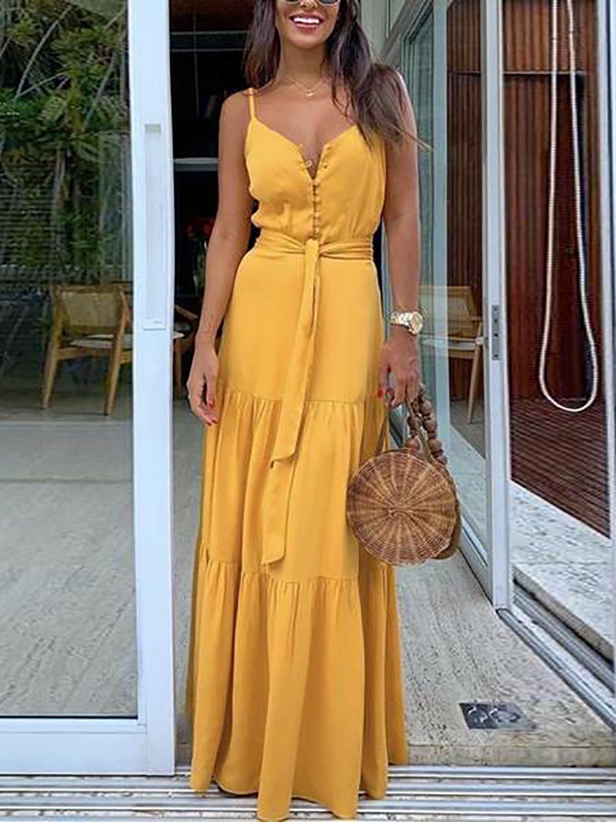 Bellevoga Button Belted Slip Maxi Dress