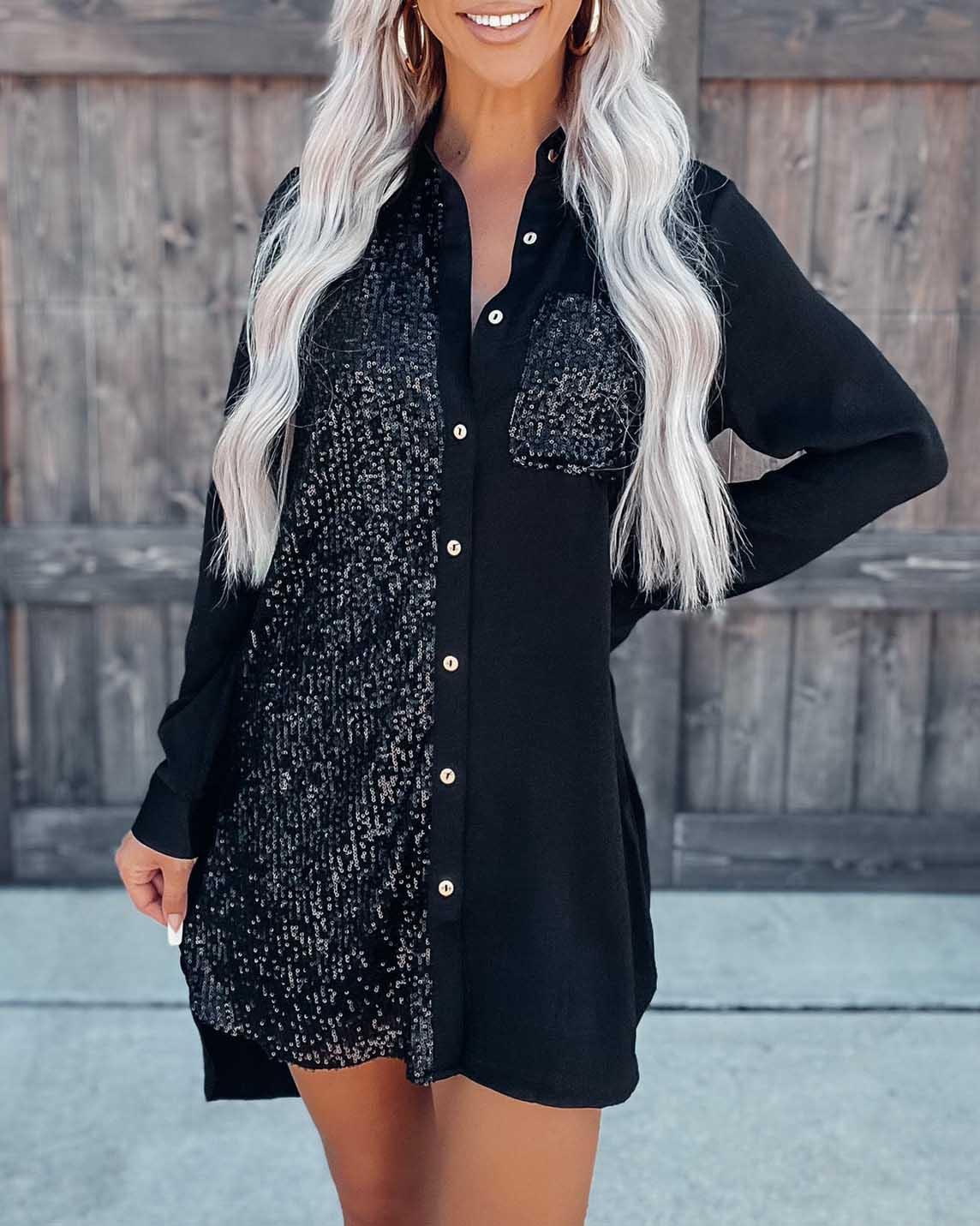 Melarey Satin Sequin Button Down Shirt Dress - Melarey Boutique