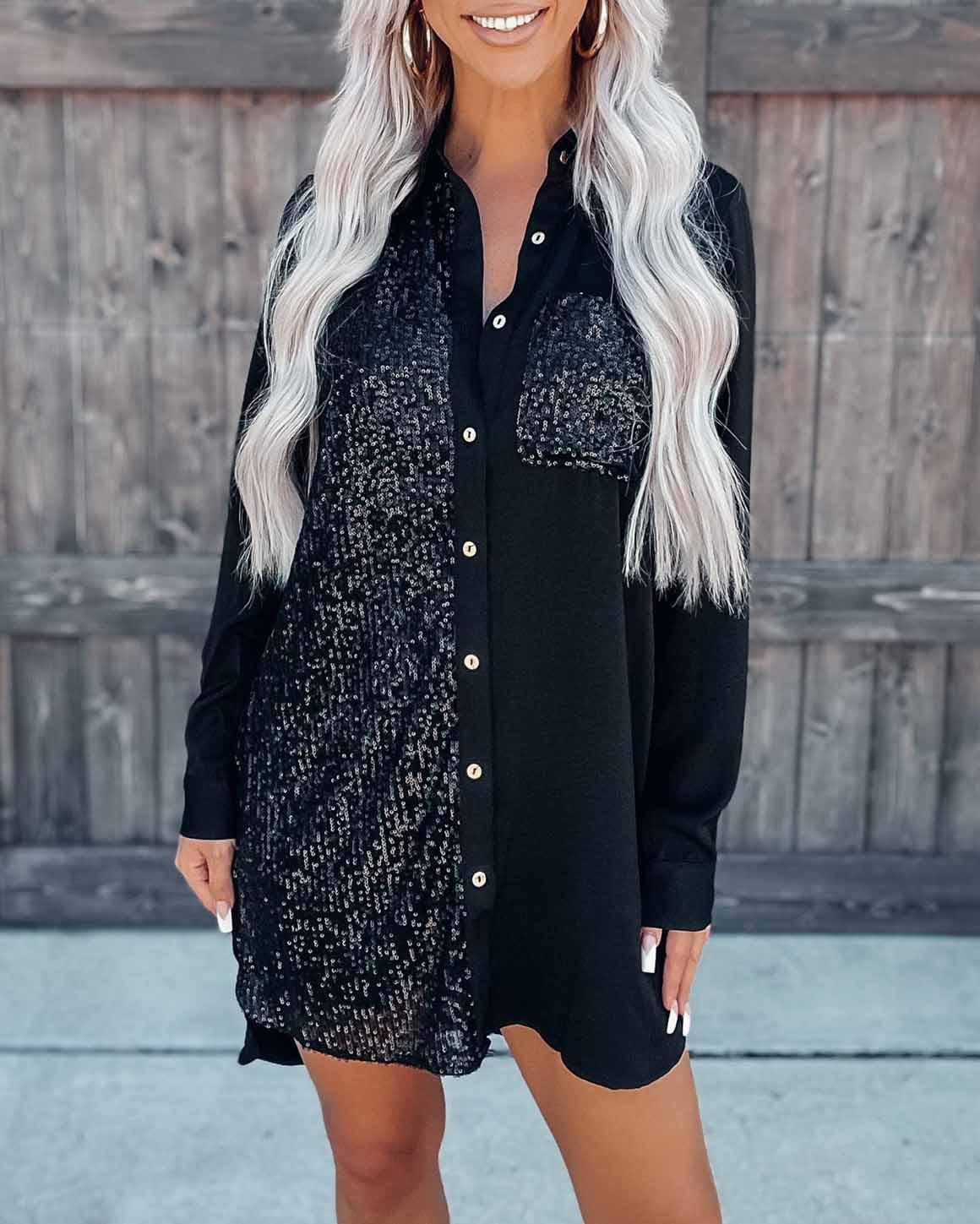 Melarey Satin Sequin Button Down Shirt Dress - Melarey Boutique