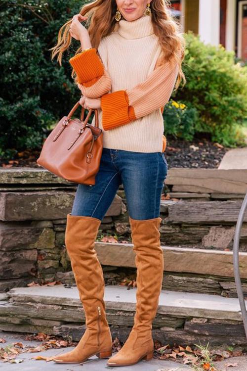 Bellevoga Pumpkin Oversized Color Block Sweater