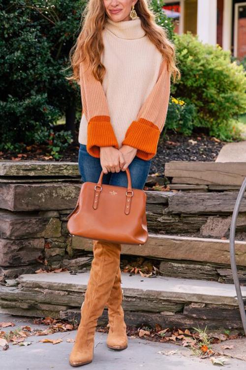 Bellevoga Pumpkin Oversized Color Block Sweater