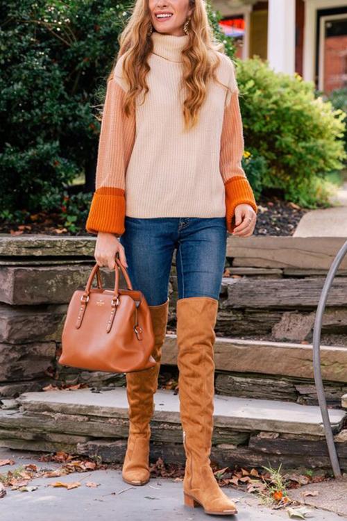 Bellevoga Pumpkin Oversized Color Block Sweater