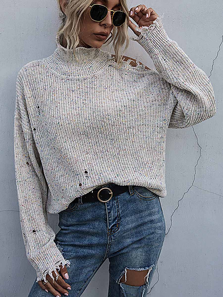 Bellevoga Loose Off-shoulder Ripped Long-sleeved High-neck Knitted Sweater