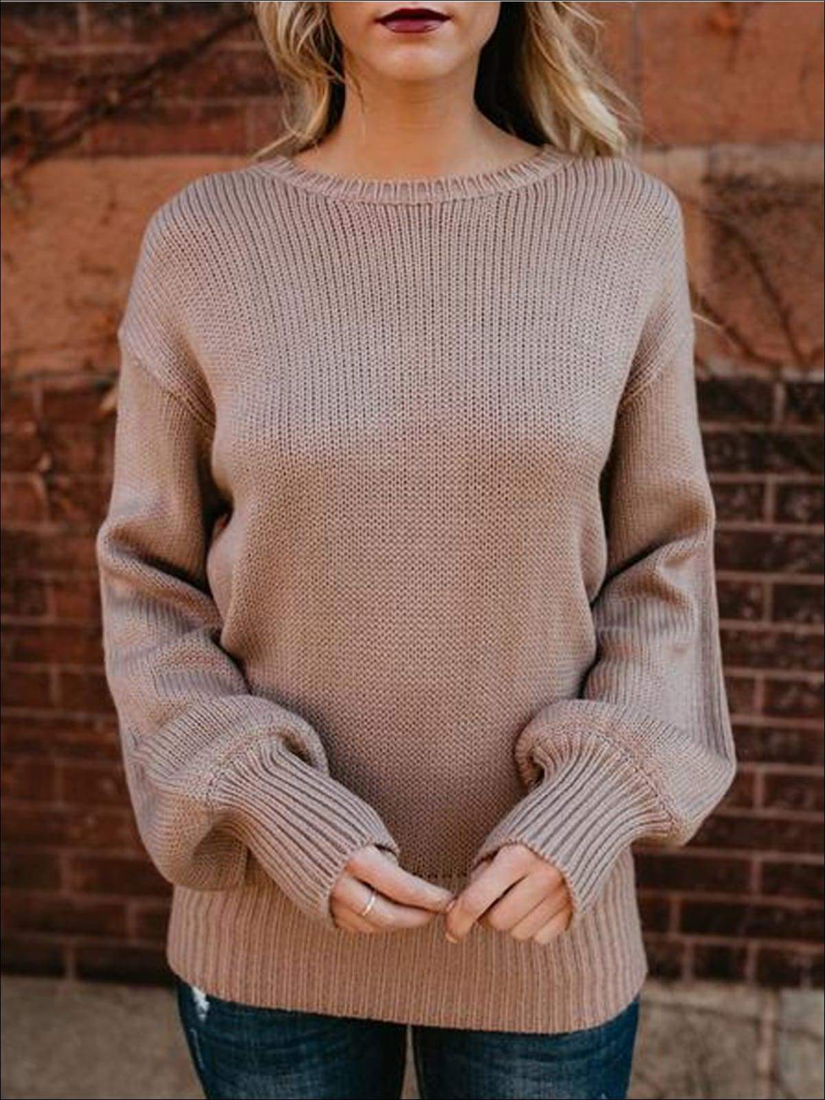 Womens Knitted Oversized Sexy Bow Tie Back Lantern Sleeve Sweater - Womens Fall Sweaters