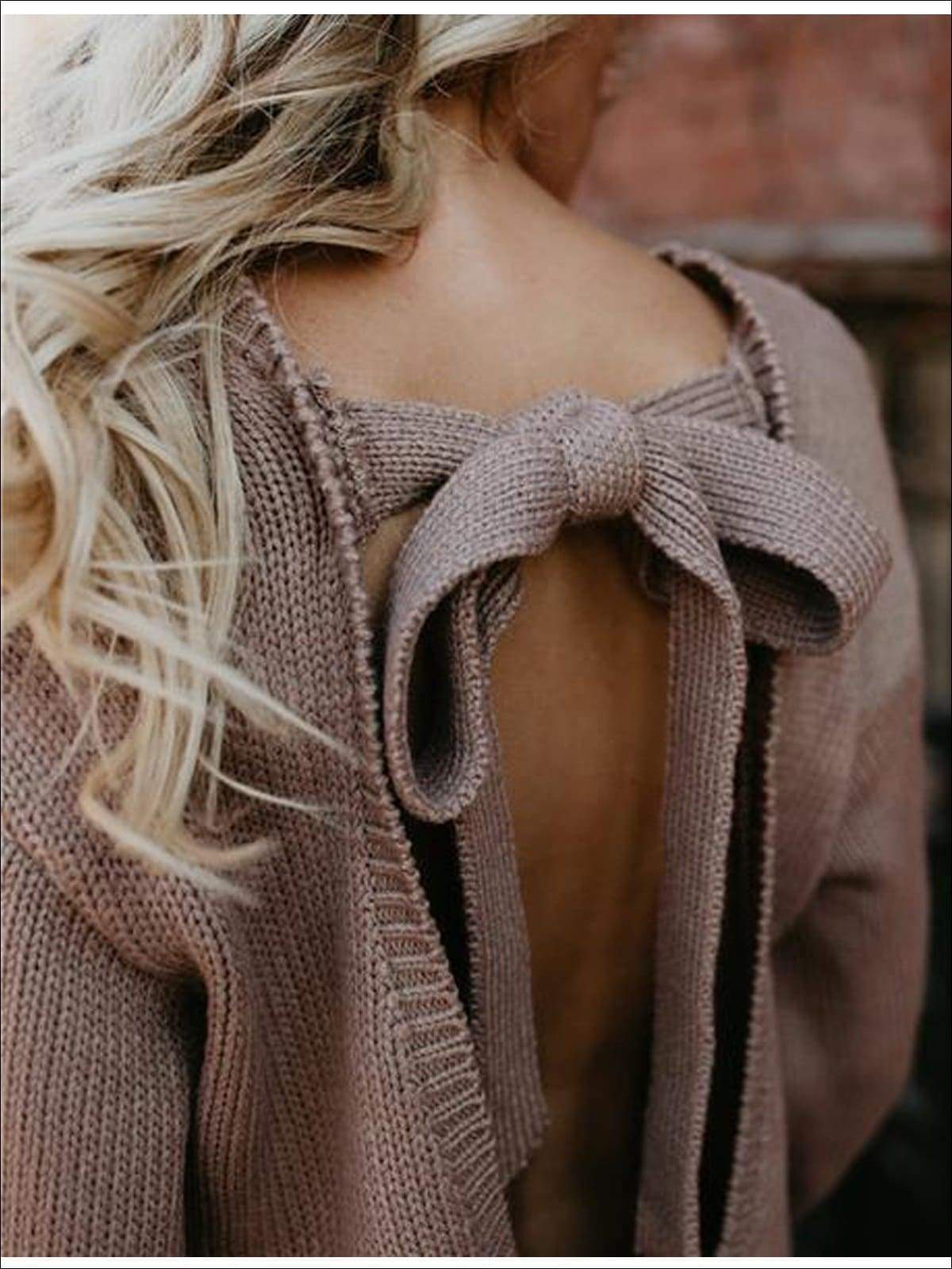 Womens Knitted Oversized Sexy Bow Tie Back Lantern Sleeve Sweater - Womens Fall Sweaters