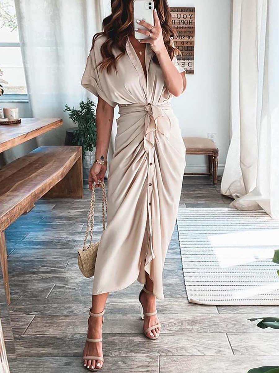 Satin Button Down Style Drape Dress