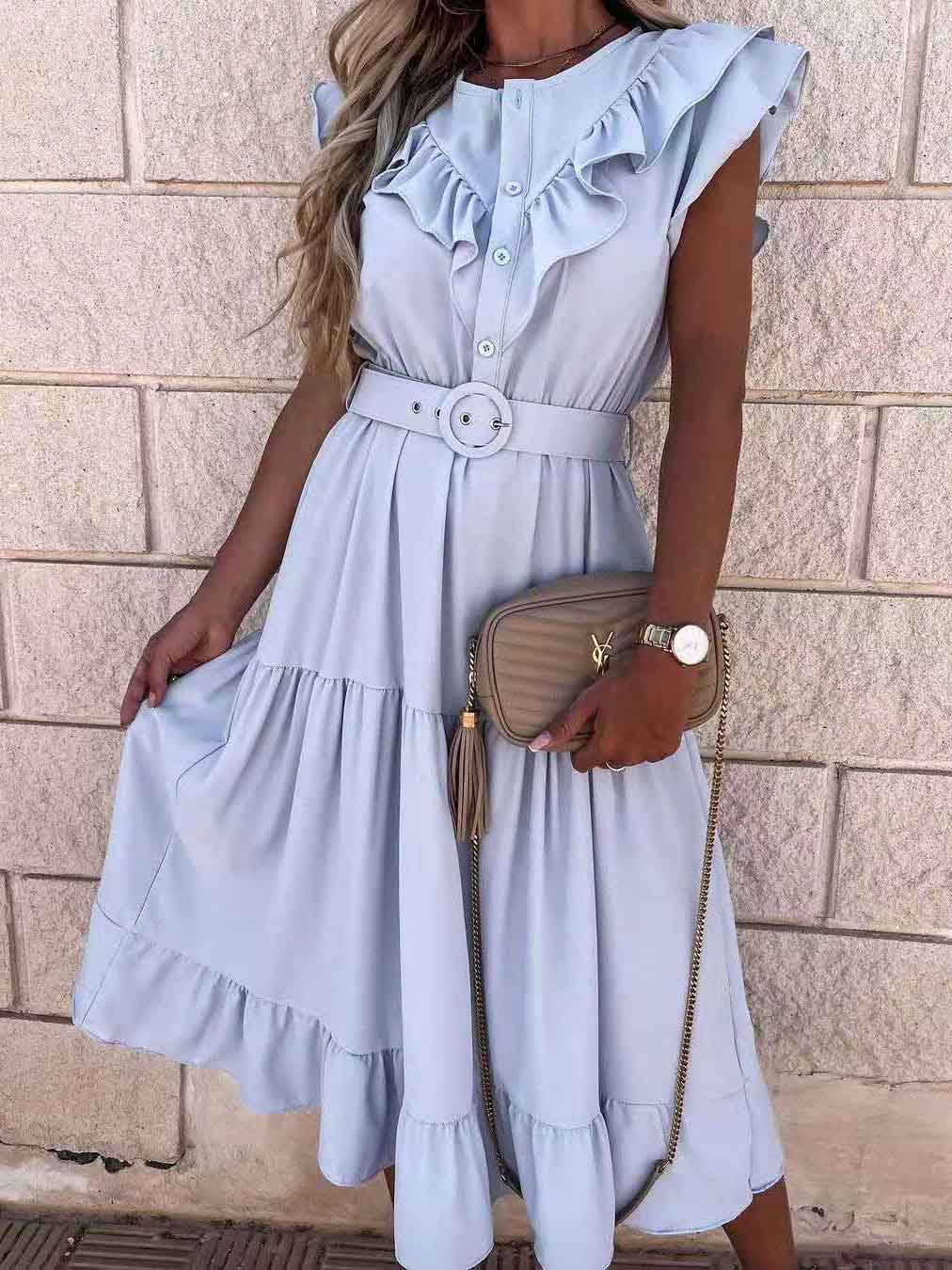 Bellevoga Fashion V Neck Belt Short Sleeve Dress